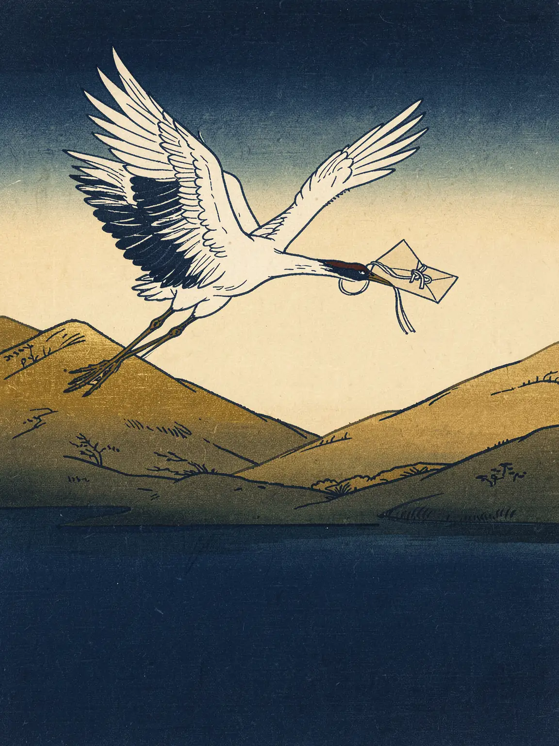 Woodblock print of a crane in flight carrying a folded letter in its beak